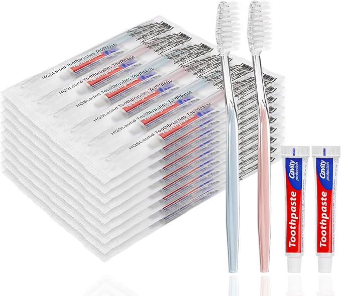 50 pcs Disposable Toothbrushes, 2 Color Toothbrushes and Toothpaste 10g, Bulk for Homeless, Airbnb, Hotel
