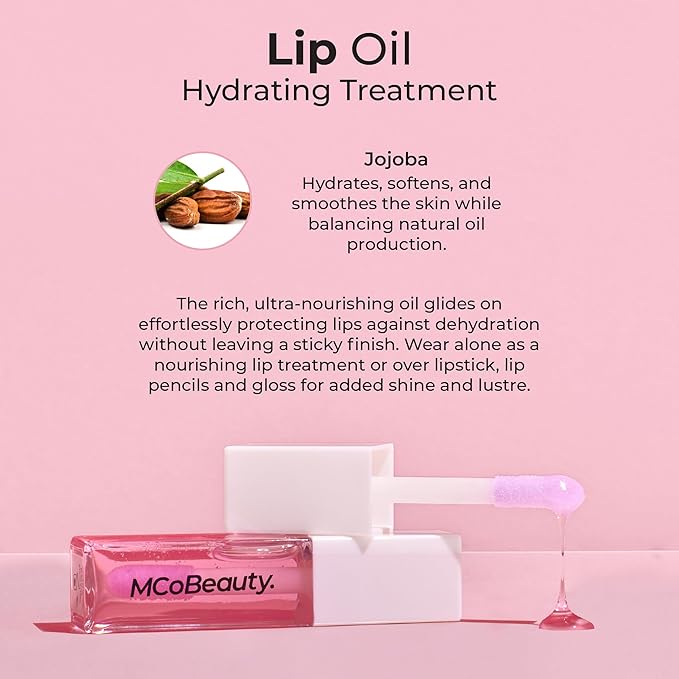 MCoBeauty - Lip Oil Hydrating Treatment - Sheer Pink - Moisturizing Jojoba Oil Lip Gloss - Juicy High-Shine Tinted Lip Glaze for Dry Lips with Doe-Foot Applicator - Cruelty Free Lip Care