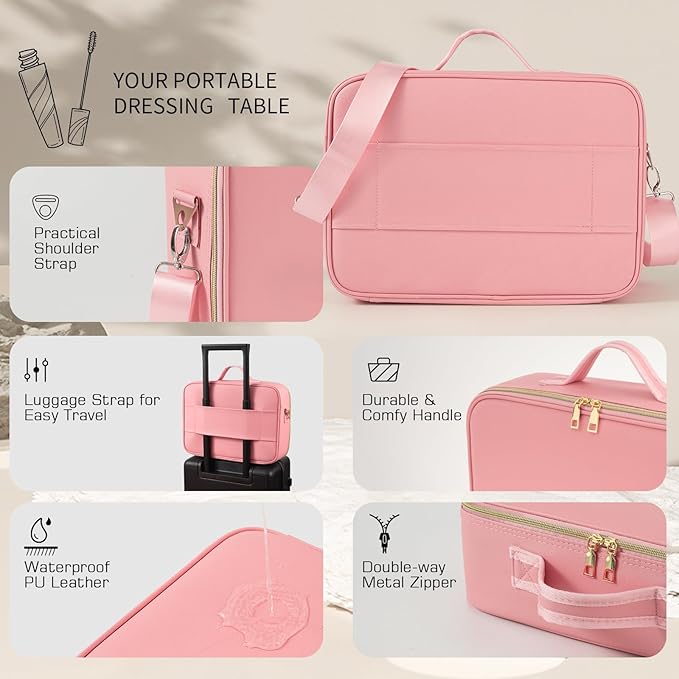 Suupvaor 15''X11'' Large Makeup Bag with Removable Lighted Mirror, Professional Travel Makeup Train Case PU Leather Cosmetic Make up Organizer with Adjustable Dividers & Brush Storage Board