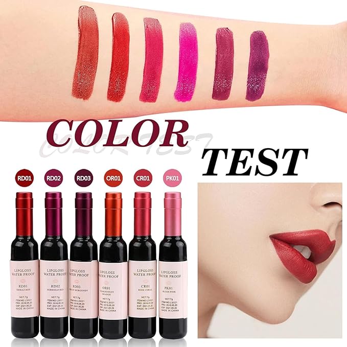 Wine Lip Tint 6 Colors Bottle Lipgloss Stain Waterproof Long Lasting Natural Liquid Lipstick Mini Make Up Gloss Matte Sticks Makeup Set Plumper Red Pack Set Wine 24 Hour Set Non-stick Cup