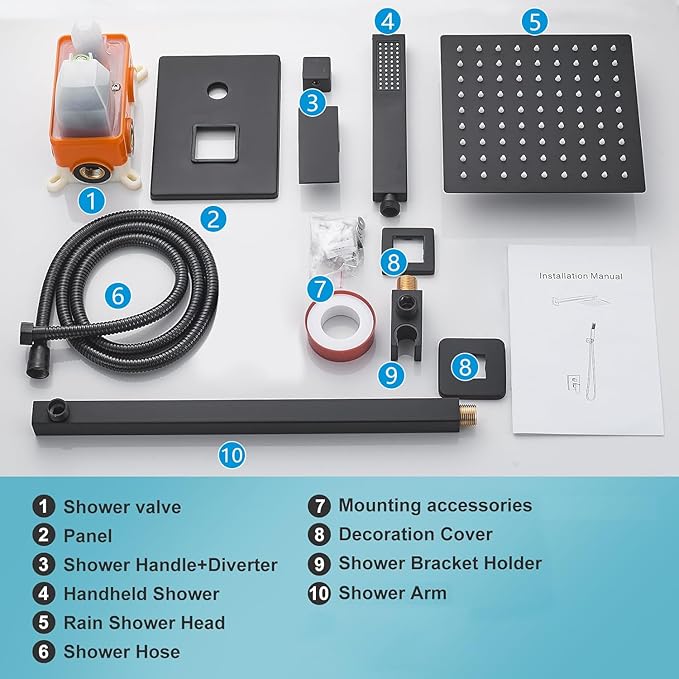 RTTWYYUU Matte Black Shower Head and Handle Set 10 Inch, Rain Shower Head with 2 Hooks, Luxury Rain Shower Set Square Wall Mount for Bathroom with Rain Shower and Handheld Shower System