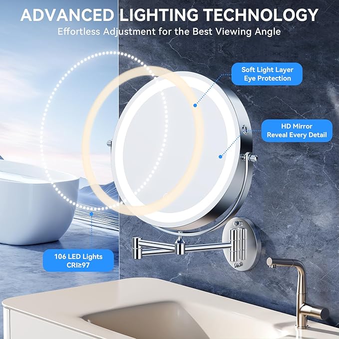 9'' 30X/1X Wall Mounted Lighted Makeup Mirror, 5000mAh Rechargeable Double-Sided Magnifying Mirror with Light, Vanity Mirror Touch Dimmable 3 Colors 360ยฐ Rotation Extended Foldable Arm, Power Adapter