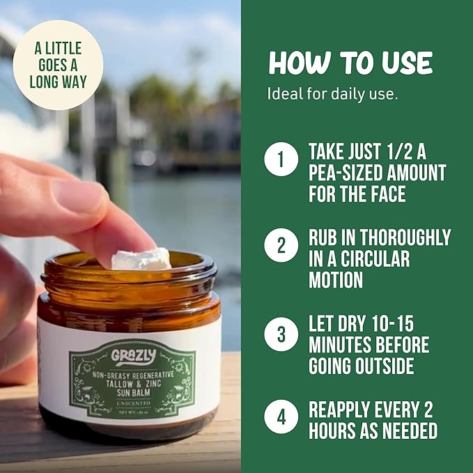Grazly Beef Tallow Sunscreen SPF 35 – Unscented Water Resistant Zinc Sun Balm, Non-Greasy Natural Sunscreen for Face & Body – 4 Natural Ingredients: Non-Nano Zinc, Organic Coconut Oil, Beeswax- 1.8 oz