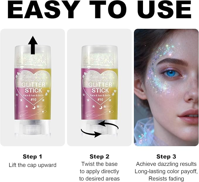 Carnival White Body Glitter Stick, Holographic Hair Glitter for Kids and Women, Waterproof Face Hair and Body Glitter Makeup, Rave Accessories Carnival Chunky Sequins, Sparkling Glitter Makeup