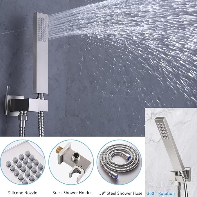 WHSHOWER Digital Display Shower Faucet Set With 14x20 Inch LED Rainfall Shower Head,Brass Handheld Sprayer And 6pcs Body Jets,Full Body Shower System (Brushed Nickel)