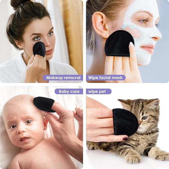 SUNLAND Reusable Makeup Remover Pads for Face,Eye,Lips 32 Pack Microfiber Face Cleansing Gloves Washable with Laundry Bag and Travel Bag Rounds Toner Pads(Round 3.15inchx32,Black)