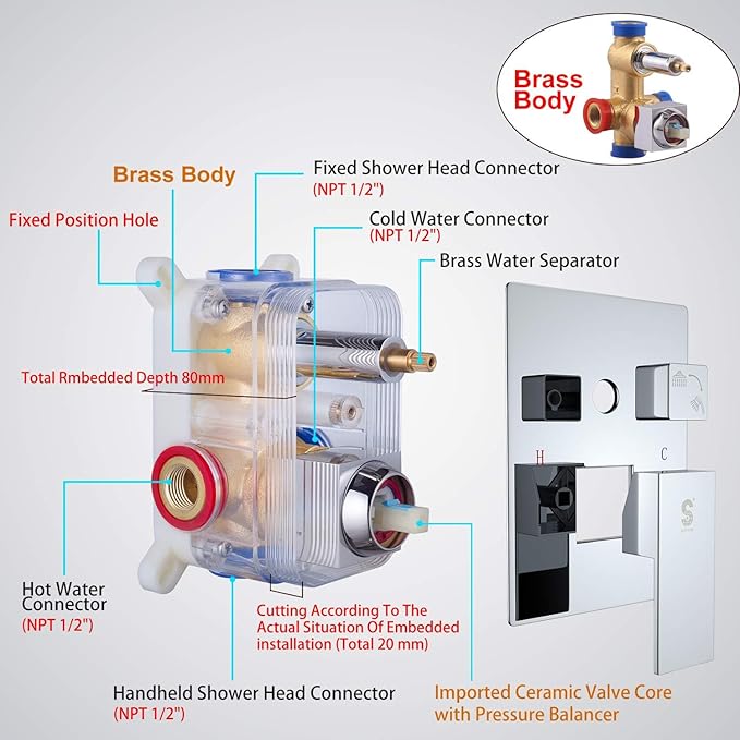 SR SUN RISE SRSH-C1003 Ceiling Mount Bathroom Luxury Rain Mixer Shower Combo Set Rainfall Shower Head System 10 Inch Polished Chrome (Contain Shower Faucet Rough-In Valve Body and Trim)