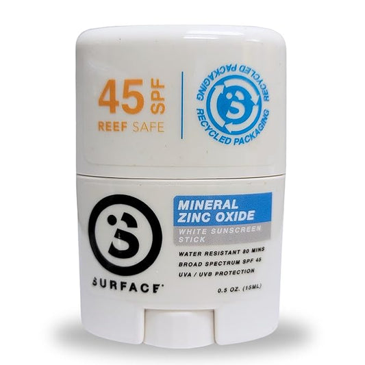 Surface Mineral Face Sunscreen Stick, Water Resistant, UVA/UVB Broad Spectrum, Fast Drying Protection, PABA Free - SPF 45 - CLEAR/WHITE (1 Pack)