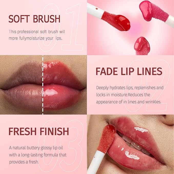 4 Colors Lip Oil Lip Glaze, Soft Brush Head Hydrating Lip Glow Oil,Shiny Transparent Lip Gloss Plumping,Long Lasting Nourishing Non-sticky Fresh Clear Smooth Lip Care -Set B