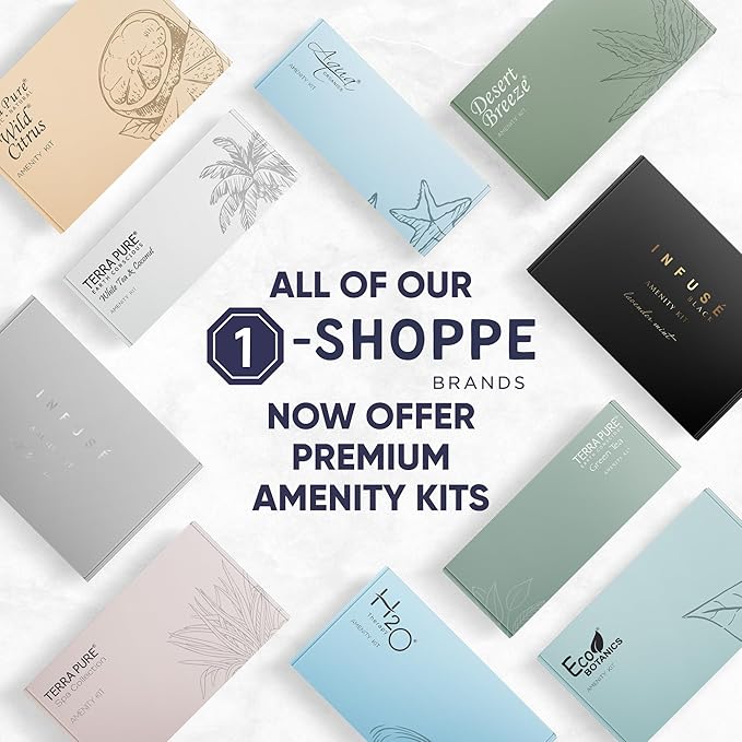 Eco Botanics Amenity & Accessory Kit | 0.85 oz Travel Size Shampoo, Conditioner, Lotion, Body Wash, Body Bar, Cleansing Bar, Shave & Dental Sets, Make-Up Remover Wipes, & Vanity Kit | 1 set per case