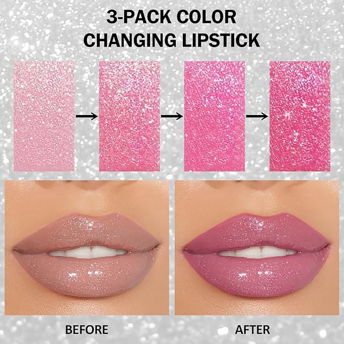 DAGEDA 3PCS Glitter Lipstick, Moisturizing Glossy