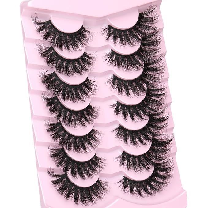 Kiromiro Mink Lashes Fluffy False Eyelashes 18mm Long Fake Lashes Thick Cat Eye Eyelashes 3D Volume Lash Strips Faux Mink Eyelashes Pack, 7 Pairs