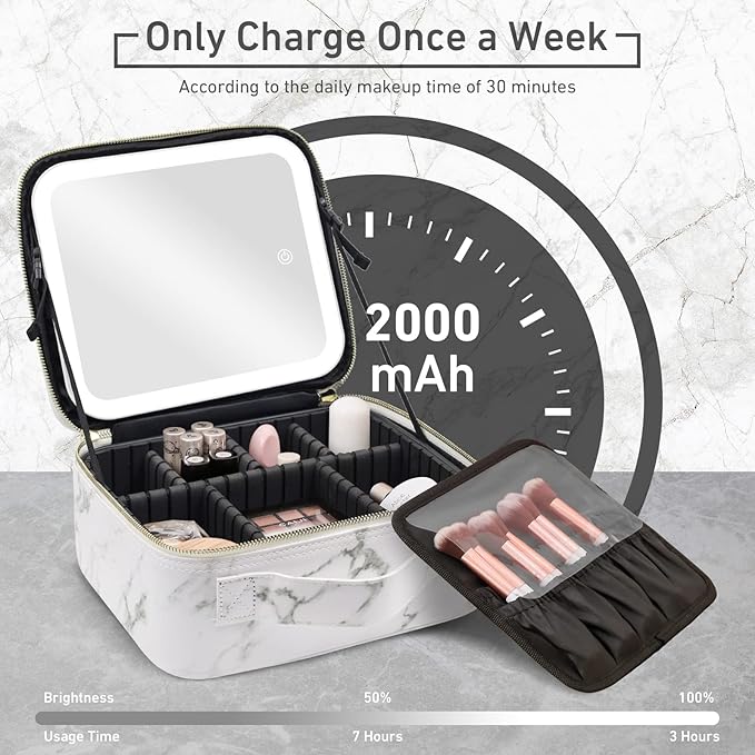 Jadazror Makeup Bag with Mirror and Light, Makeup Case with Lighted Mirror, Travel Makeup Bag with Light up Mirror 3 Color Lights, Makeup Organizer Bag with Adjustable Dividers & Brush Holder(Marble)