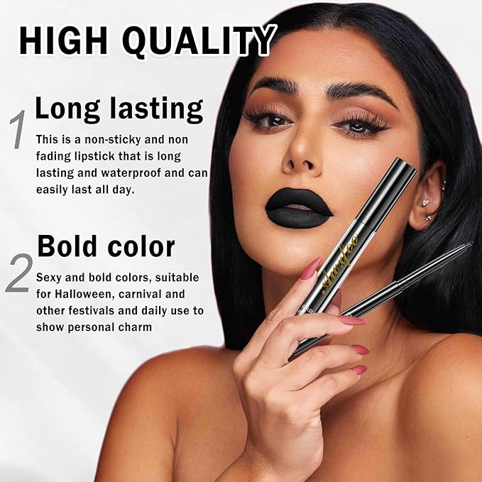3pcs-Black Lipstick and Lip Liner Set Lip Kit,3 in 1 Velvet Lipstick Halloween Matte Liquid Lipstick Lip Gloss with Lip Pencil,Hydrating Lip Stain Lip Makeup(Black)