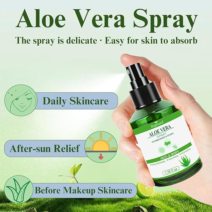 Aloe Vera Spray for Whole Body Skin, Aoe Vera Spray Extract from Freshly Cut Aloe and Infused wirh Cucumber Essence,Fast Absorbing, Easy to Use, Travel Set, 1.73 oz