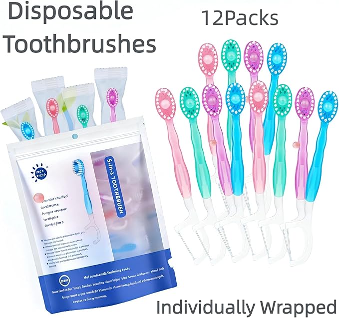 Disposable Travel Toothbrushes with Toothpaste, Individually Wrapped Mini Single Use Toothbrushes, No Water Needed Toothbrushes with Tongue Scraper for Travel, Hotel, Camping (12Packs)