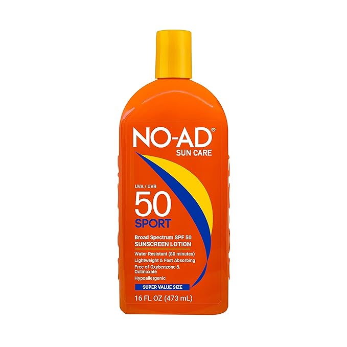 NO-AD SPF 50 SPORT Sunscreen Lotion | Hypoallergenic | Broad Spectrum UVA/UVB Protection | Water Resistant | Octinoxate & Oxybenzone Free with moisturizing Vitamin E and Aloe 16oz | Pack of 2