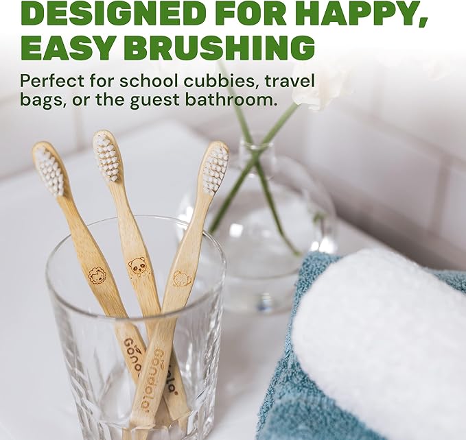 Gondola Kids Bamboo Toothbrush - 4 Pack Soft Bristles Toothbrush with Smooth Water-Resistant Bamboo Handle for Small Hands - Manual Toothbrushes for Boys & Girls - Travel & Home Bathroom Set