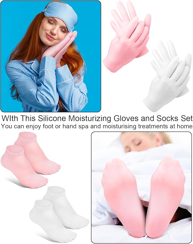 2 Pairs Silicone Moisturizing Glove Socks Set, Anti Slip Soft Spa Gel Socks Softening Feet Dry Cracked Skin, Women Spa Pedicure Socks for Foot Hand Softening, Foot Care After Pedicure (Pink)