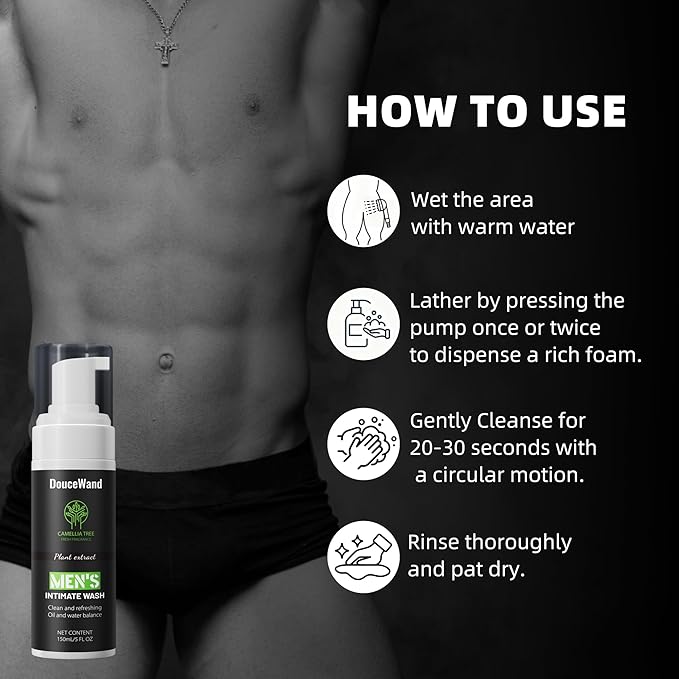 DouceWand Men's Intimate Wash - Foaming Groin Cleanser for Daily Hygiene & Odor Control - Enriched with Tea Tree Oil, Aloe & Camellia Extract - pH Balanced, Refreshing Body Wash for Athletes - 5 Fl Oz