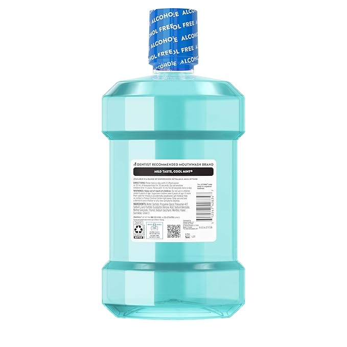 Listerine Cool Mint Alcohol-Free Mild Mouthwash, Oral Rinse Kills 99.9% of Germs That Cause Bad Breath, Less Intense Taste, Mild Mint Flavor, 1.5 L