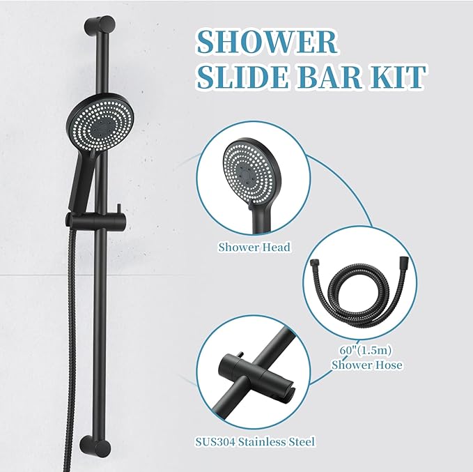 OFFO 6-Spray High Pressure Handheld Shower Head Combo with Adjustable 33 in Slide Bar and 60 in Stainless Steel Hose, Matte Black