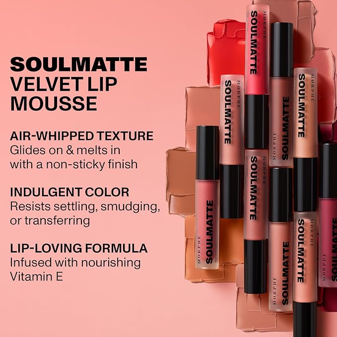 Morphe Soulmatte Velvet Lip Mousse Matte Lipstick - Air-Whipped, Soft Matte Lip Makeup with Vitamin E to Hydrate, Soften and Smooth Lips - Whipped (0.128 Oz)