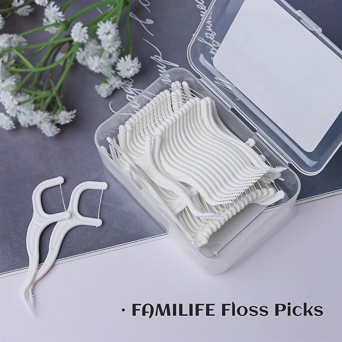 FAMILIFE Floss Picks, 200 Count Unflavored Dental Floss Cleaner, Tooth Picks Flossers with 4 Travel Handy Cases, Helps to Fight Tooth Decay and Keep Your Teeth Clean, Sticks for Family