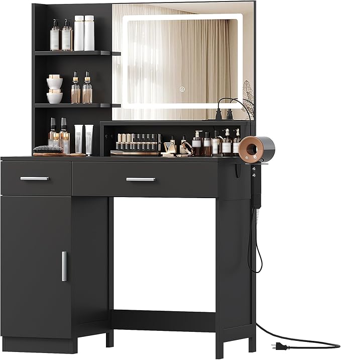 Vanity Desk with LED Mirror and Lights, Makeup Vanity Table with Power Outlet, Drawers, Cabinet, Dressing Table with Open Storage Shelves for Bedroom, Dressing Room, Black