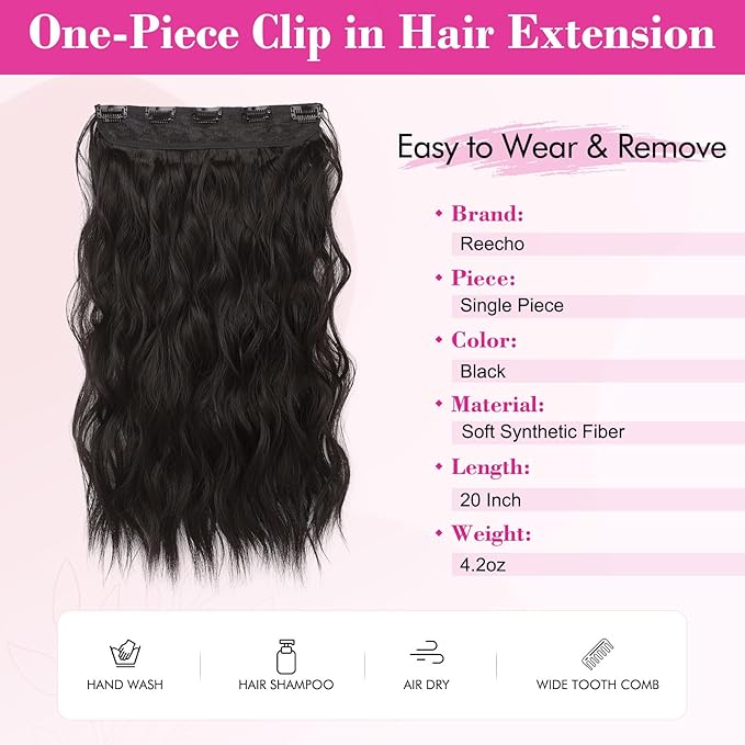REECHO Clip in Hair Extensions, 20” One Piece Hair Extension Clip in Wefts Long Thick Beach Wavy Natural Soft Synthetic Hairpieces for Women, Black Brown