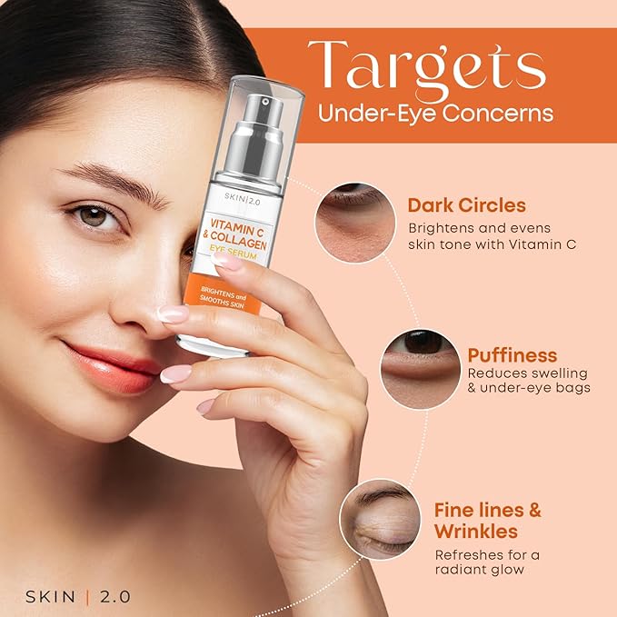 Skin 2.0 Vitamin C & Collagen Under Eye Serum – Dermatologist Tested, Anti Aging Korean Skin Care – Targets Dark Circles, Puffiness & Fine Lines for Smoother, Firmer Eyes – Vegan Clean Beauty, 1 fl oz