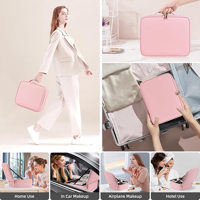 RRtide Makeup Bag with Mirror of LED Lighted, Travel Makeup Train Case Cosmetic Bag Organizer with Mirror and Lights, Make up Bag with Light up Mirror Adjustable Divider Brush Board