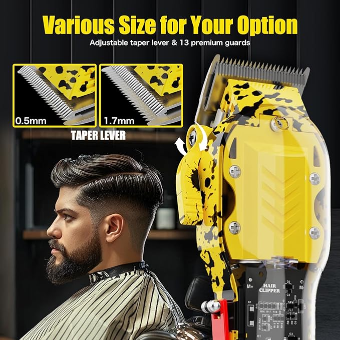 Professional Hair Clippers for Men, Cordless Barber kit for Hair Cutting & Grooming, Hair Clippers Set for Barber Haircut with LED Display 8 Fade Taper Combs(Yellow)