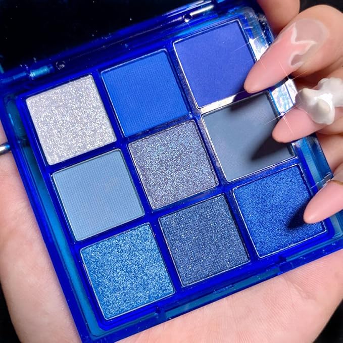 9 Colors Eyeshadow Palette - Blue Eyeshadow Theme, High Pigmented Blendable Matte & Glitter Shimmer Finishes, Long Lasting Eye Makeup for Christmas & Music Festivals(Blue)