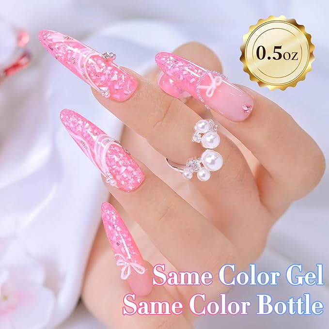 Double Rhythm 0.5Oz Glitter Gel Polish Same Color Same Bollte Shimmer Reflective Color for Nail Art Salon DIY Soak Off 15ml Nail Lamp Gel Polish at Home (Candy Pink-B1199)