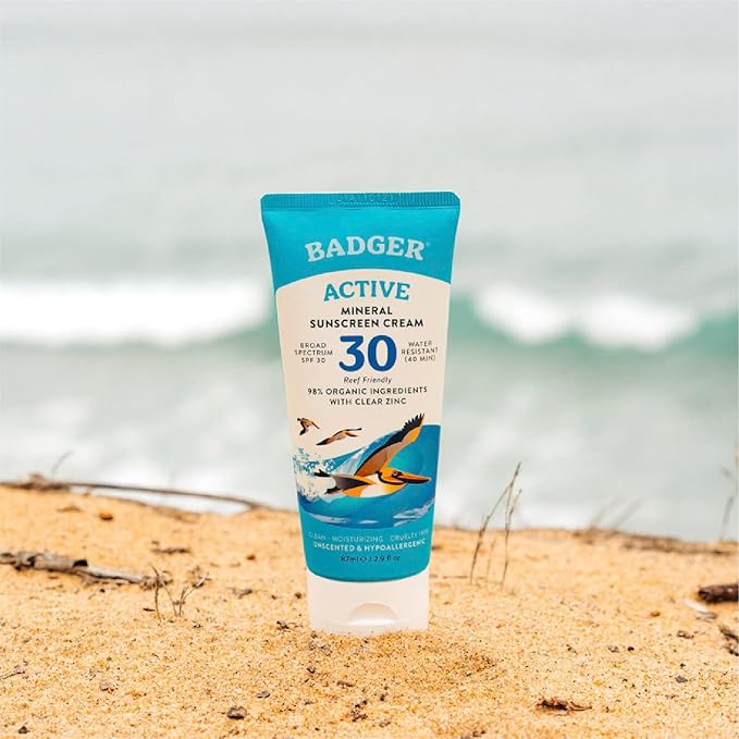 Badger Mineral Sunscreen Cream SPF 30, Zinc Oxide Sun Care, 98% Organic, Reef Safe, Water Resistant, Unscented Face and Body Sunscreen Travel Size, 2.9 fl oz, 2-Pack