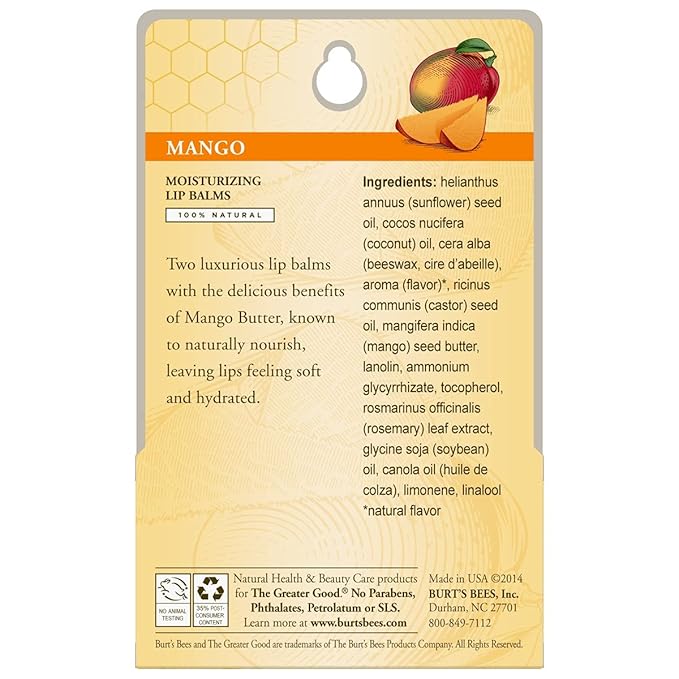 Burt's Bees Lip Balm - Mango, Lip Moisturizer With Responsibly Sourced Beeswax, Tint-Free, Natural Origin Conditioning Treatment, 2 Tubes, 0.15 oz.