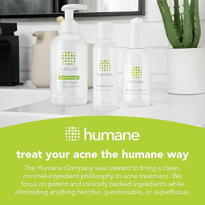humane Maximum-Strength Acne Wash, Clarifying Toner, and Oil-Free Moisturizer Bundle - 10% Benzoyl Peroxide Acne Treatment