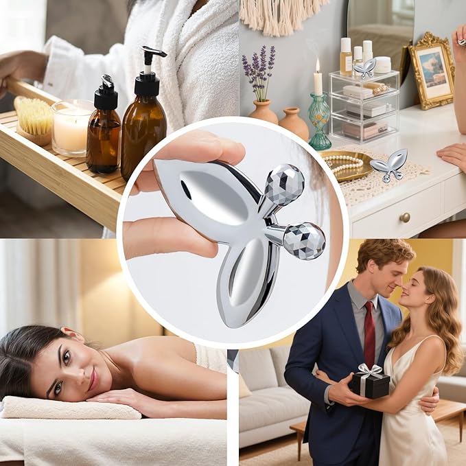 ANPODE Stainless Steel Gua Sha Facial Tools,3D Butterfly Facial Roller for Women,2-in-1 Guasha Tool for Face Eye Skin Tightening,Body Gua Sha Tool for Lymphatic Drainage&Acupressure,TMJ Relief Tool