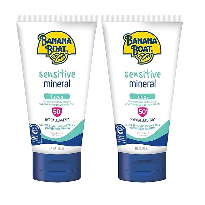 Banana Boat Sensitive 100% Mineral Face Sunscreen Lotion SPF 50 Twin Pack | Travel Size Sunscreen, Mini Sunscreen for Face, Banana Boat Face Sunscreen, Banana Boat Mineral Sunscreen SPF 50, 3oz each