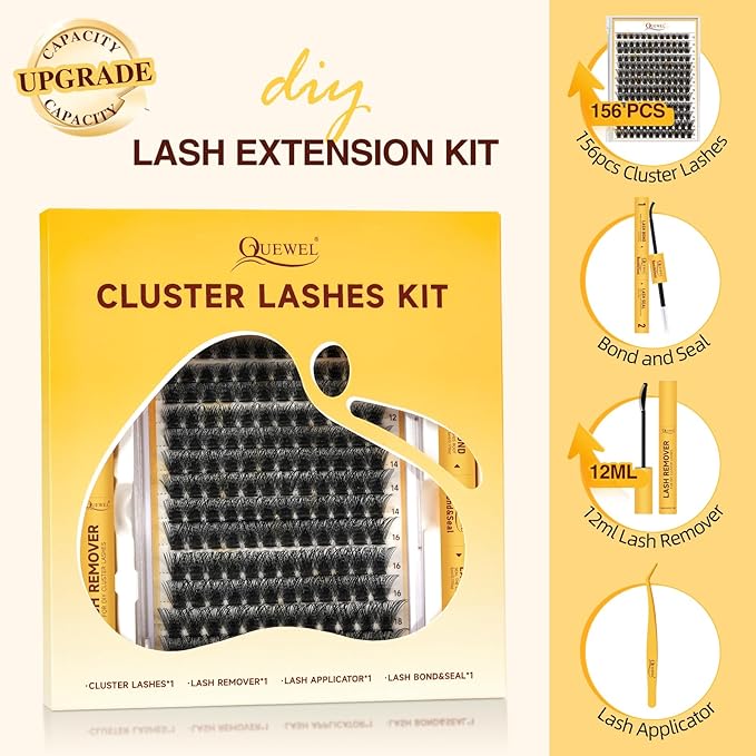 QUEWEL Lash Clusters Kit, 156 PCS Eyelash Clusters Kit D Curl Cluster Lahses Kit Include Mix10-18mm Lash Clusters Lash Bond and Seal Lash Tweezers Lash Cluster Glue Remover(QUBM-MIX10-18)