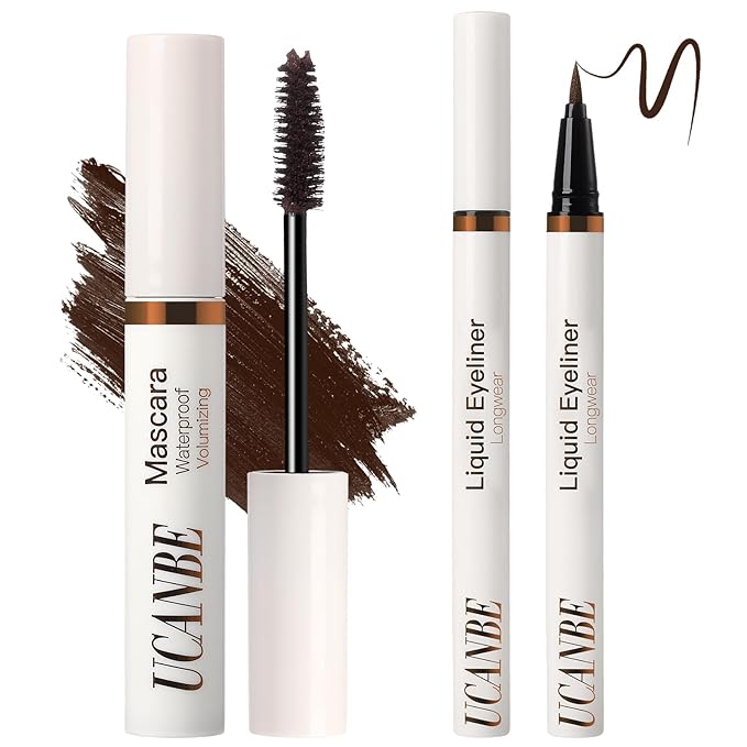 UCANBE Brown Mascara and Liquid Eyeliner Set, Waterproof Colored Eye Makeup Duo - Enhance Your Gaze with Natural Lasting Lift & Curl for Lashes and Pigmented Smudge-Proof Eye Liner