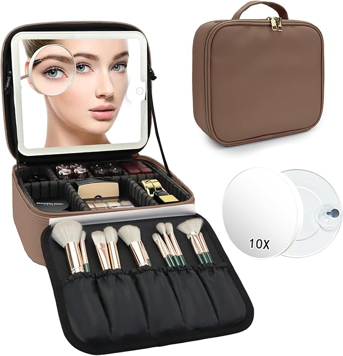 SLUMAZI Travel Makeup Bag with LED Mirror and 10x magnifying glass with 3 Lighted Settings, Adjustable Dividers and Makeup Brush Storage Bag Mocha