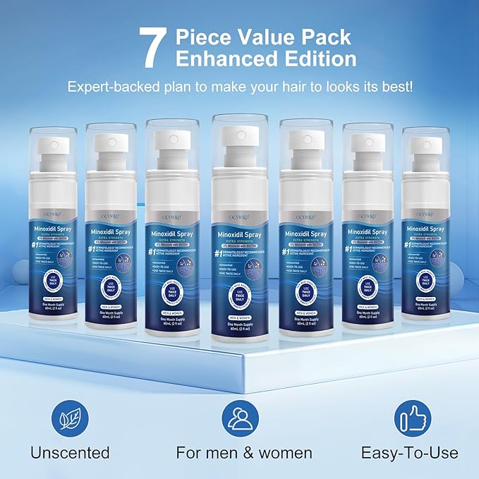 5% Minoxidil for Men and Women, Regrowth Serum, Extra Strength Spray for Hair Loss, Minoxidil 5 Percent, Thicker Healthier Hair, Beard Growth Kit, Topical Treatment, 60ml x 7 Bottles(Extra Strength)