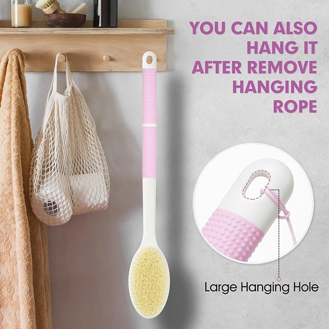 Body Scrubber Anti Slip for Shower,Shower Brush Long Handle with Stiff and Soft Bristles,Body Wash Exfoliating Back Scrubber for Bath or Dry Brushing Body Brush(Pink)