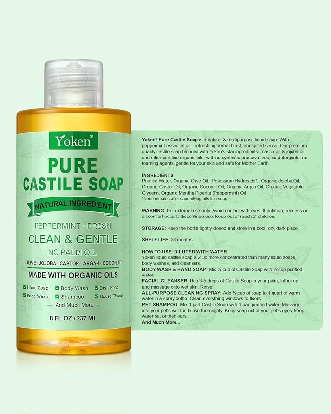 Yoken Peppermint Castile Soap Liquid 8 OZ, Made with Certified Organic Oils, Gentle Peppermint Soap for Body Wash, Face, Hands, Dishes, Laundry & More - Vegan & Natural Ingredients Versatile Cleanser