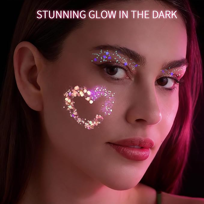 FANDAMEI 40 Colors Glow in The Dark Glitter, Face Glitter for Kids Women Girls, Body Glitter Hair Glitter for Halloween Rave Carnival Party Glitter Makeup