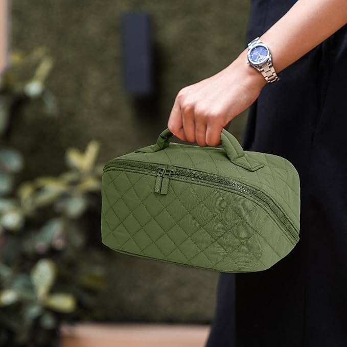 RunaFun Travel Makeup Bag for Women, Puffer Quilted Open Flat Makeup Organizer with Toiletry Bag, Portable Cosmetic Case for Travel & Daily Use, Green