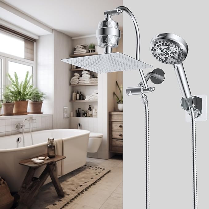 Hibbent All Metal 10'' Dual Filtered Rainfall Shower Head Combo, High Pressure Handheld Shower Head with 12'' Adjustable Curved Extension Arm, 20 Stage Shower Filter, 10-spray, 71'' Hose, Chrome