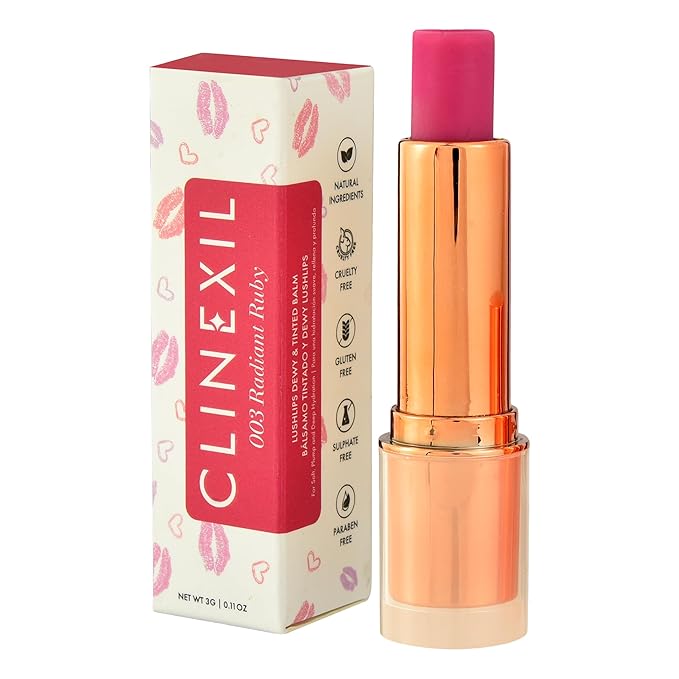Clinexil Lushlips Tinted Lip Balm with 10% Squalane, Jojoba Oil and Vitamin E – Hydrating, Moisturizing – Natural skincare balm with Ceramides, Hyaluronic Acid & Licorice Extract 003 Radiant Ruby